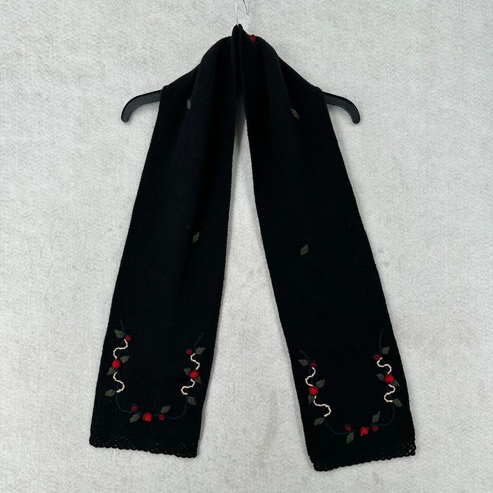 FRAAS Black Red Floral Embroidered Scarf 100% Wool 31" x 7" Roses